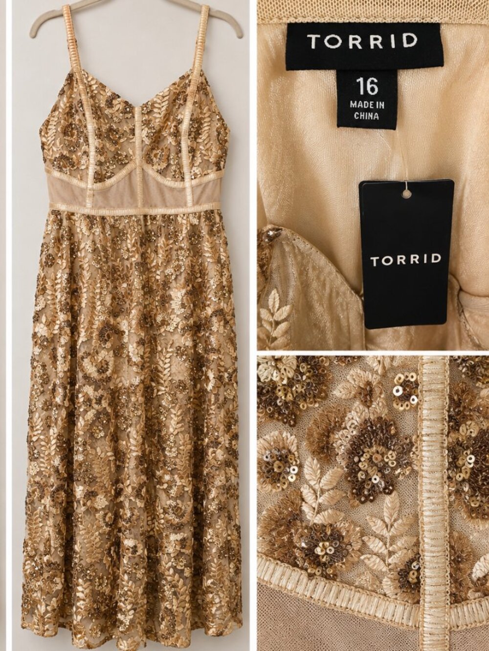 NWT Torrid Gold Sequin & Embroidered Mesh Bustier Midi Dress – Size 16